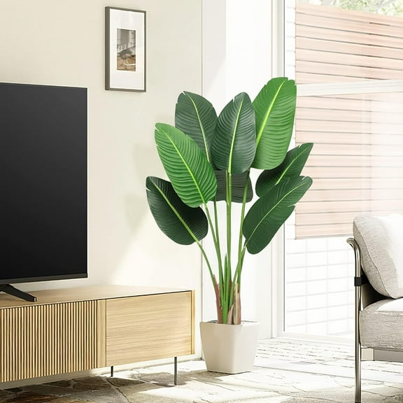 Artificial Bird of Paradise Plant 4 FT - 8 Trunks, Faux Tropical Palm Tree, Indoor Outdoor Modern Decoration, Lush Banana Leaf, 48" H