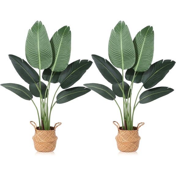 Artificial Bird of Paradise Plant 4 Ft with Woven Basket 2 Set