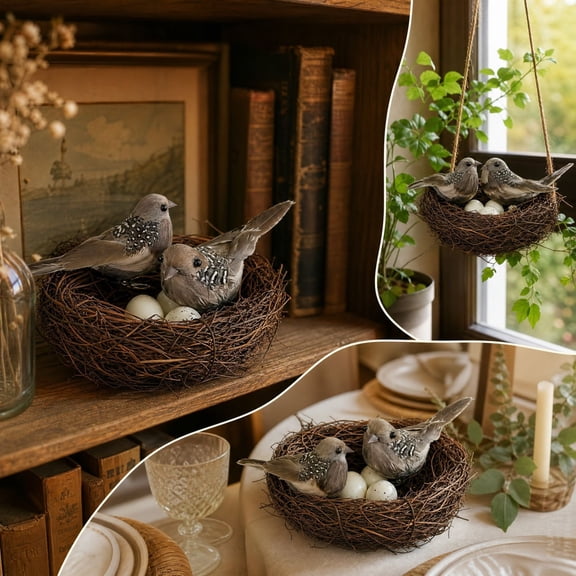 Artificial Birds, Realistic Sparrow Clip-On Ornaments with Rattan Nests and Eggs, Faux Bird Decor for Christmas Tree Wreath Yard Patio Garden Home