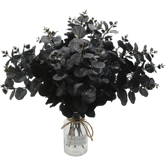 Artificial Black Eucalyptus Stems, " Eucalyptus Leaves Branches Bouquet for Flower Arrangement DIY, Silk Flowers for Home Halloween Farmhouse Decor (Black, )
