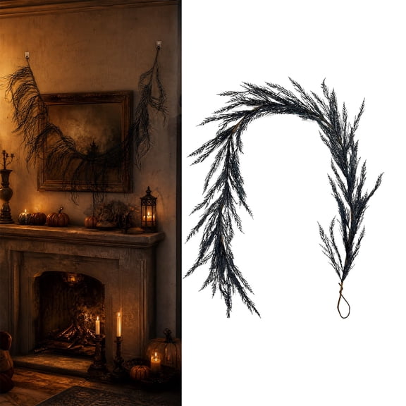 Artificial Black Feathery Cypress Garland, Gothic Dark Faux Greenery Vine, Hanging Foliage Decor for Halloween Mantel Table Wall Door Stair Indoor Outdoor Spooky Holiday Party Decorations