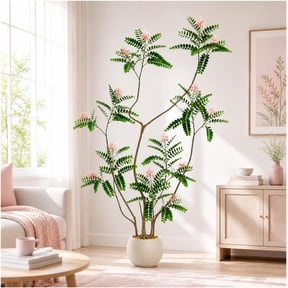 Artificial Black Locust Tree with Pink Flowers 6FT Small Round Silk Leaves Elegant Branches in Beige Ribbed Planter