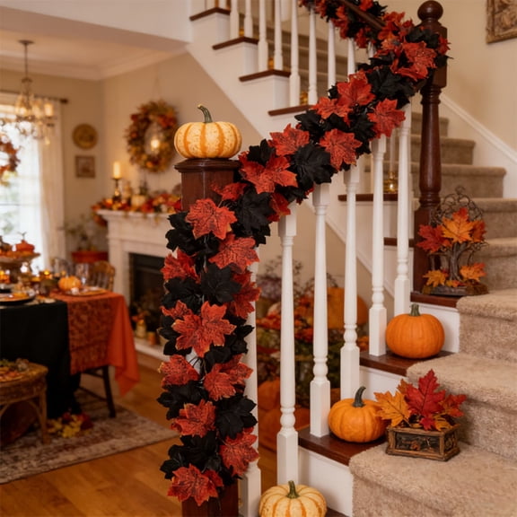Artificial Black Maple Leaf Garland 70.9 Inch, Fall Halloween Thanksgiving Hanging Vine Decoration with Textured Foliage, Flexible Rattan for Mantel Doorway Stair Wall Indoor Outdoor