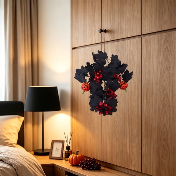 Artificial Black Maple Leaf Sunflower Hanging Ornament with Circular Cutout Design and Matte Ceramic Finish, Fall Tabletop Arrangement for Mantel, Shelf, and Thanksgiving Home Decor.