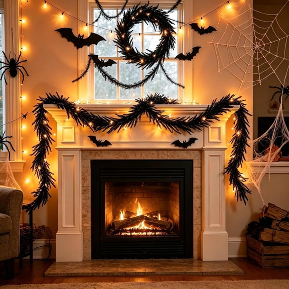 Artificial Black Norfolk Pine Garland, Dark Artificial Foliage Hanging Vine for Eerie Party Decoration