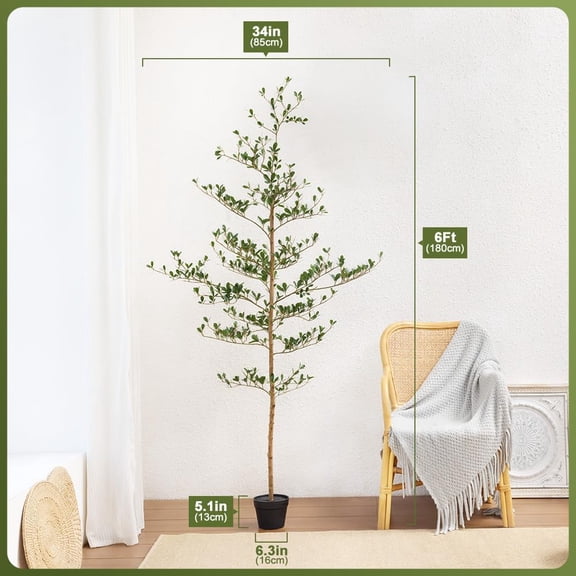 Artificial Black Olive Tree 6FT Indoor Outdoor Decor Real Wood Trunk Fake Tree with Green Leaves Tall Floor Plant for Office Living Room Decoration