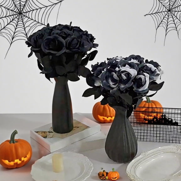 Artificial Black Rose 3 Piece - 15 Inch Silk Halloween Flowers with Long Stems for Gothic Wedding Party Home Vase Table Centerpiece Decor
