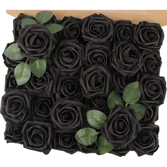Artificial Black Rose Flowers 30PCS Real Touch Fake Flowers with Stem Foam Roses for DIY Wedding Bouquet Gifts Table Centerpieces Party Bridal Shower Home Spring Valentines Day Decorations