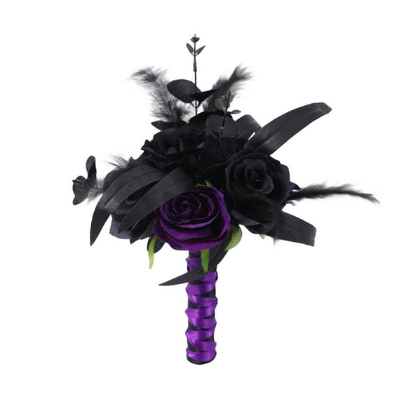 Artificial Black Rose Flowers Bouquet, Horror Themed Decoration For Party Wedding Photo Prop, Spooky Haunted House Decor Supplies With Feather Design