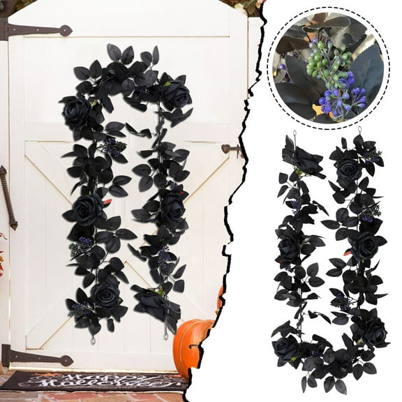 Artificial Black Rose Leaf Vine Garland 6FT Halloween Fall Thanksgiving Decor for Indoor Outdoor Home Party Wedding Fireplace Wall Hanging Decoration Spooky Elegant