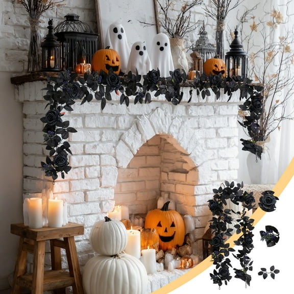 Artificial Black Rose Vine for Halloween Decor 5.74Ft Rose Flowers Garland Autumn Foliage Plastic Stems Hanging Plants Artificial Rose Leaf Rattan for Wedding Indoor Outdoor Party Wall Decor