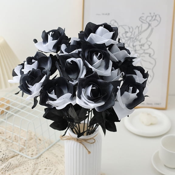 Artificial Black Roses, 3 Piece Gothic Silk Flower Set, Halloween Floral Decoration, Faux Rose Stems for Wedding and Party Tabletop