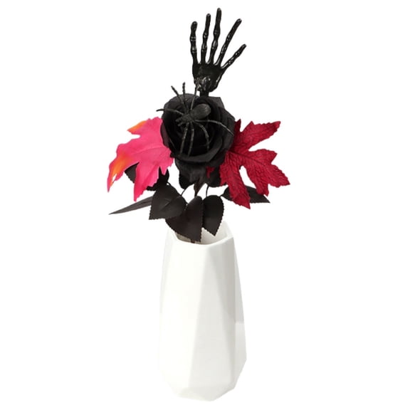 Artificial Black Silk Rose Flowers 18.11 Inch Long Stem Bouquet with Skeleton Hand, Real Touch Roses for Home Wedding Party Centerpiece Vase Decor, Artificial