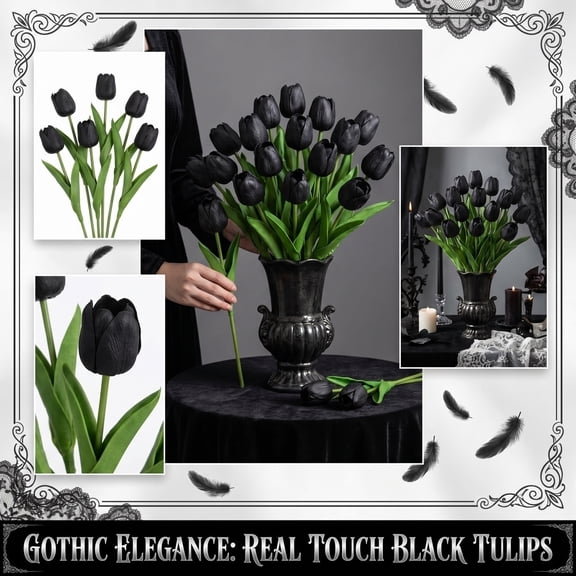 Artificial Black Tulips for Home Decor - 18 Pack Real Touch PU Foam Gothic Style Fake Flowers with Bendable Stems