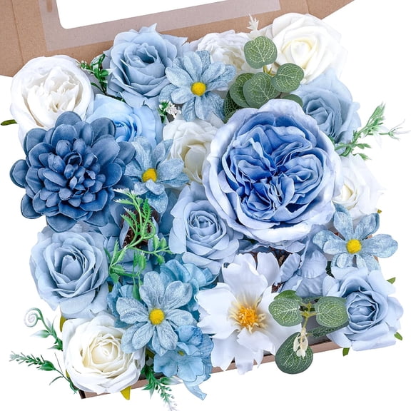 Artificial Blue Flowers Combo Box Set Baby Blue Rose Flowers Bulk Mix Dusty Blue Dahila Peonies Fake Silk Light Blue Flower Bouquets for Wedding Bridal Shower Table Centerpieces Home Party Decor