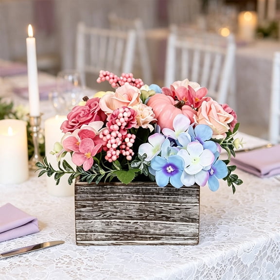 Artificial Blue Hydrangea Rose Arrangement Pumpkin Wood Box Centerpiece Home Decor Table Display Autumn Fall Thanksgiving Harvest Decorative