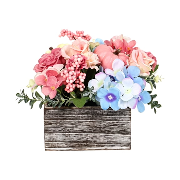 Artificial Blue Hydrangea and Rose Flower Arrangement with Pumpkin in Wooden Box, Thanksgiving Home Decor, Lifelike Floral Centerpiece, Ready to Display