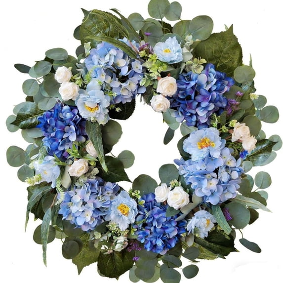 Artificial Blue Hydrangea and White Rose Easter Wreath 17.7 Inch, Spring Door Wall Hanging Decoration for Home Porch Window Holiday Decor
