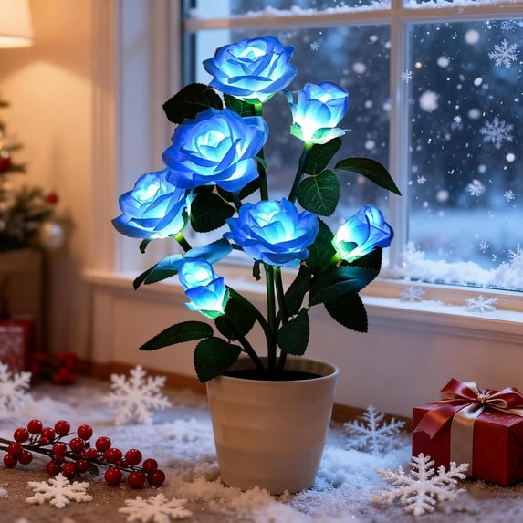 Artificial Blue Rose Flower Lamp LED Lights, Flower Table Lamp for Bedroom Bar Coffee Shop Wedding Valentines Mothers Day Birthday Christmas - Unique Gifts for Women Her Girlfriend Wife Mom