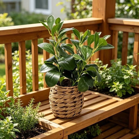 Artificial Blunt Leaf Pepper Plant in Woven Basket - Faux Decor