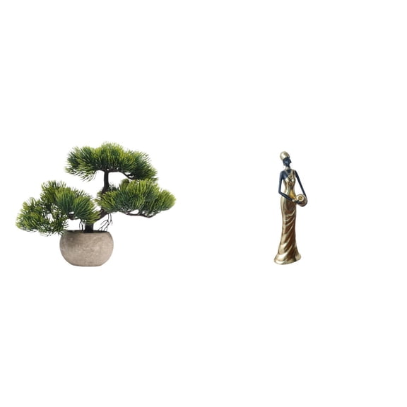 Artificial Bonsai Tree African Tribal Lady Statue Faux Plant Resin Material for Home Office Decor Desktop Display