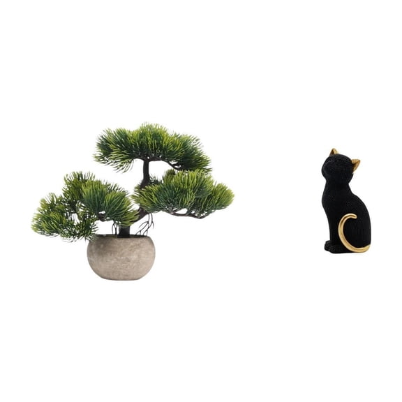 Artificial Bonsai Tree Cat Statue Faux Plant Resin Material for Table Centerpieces Home Office Bedroom