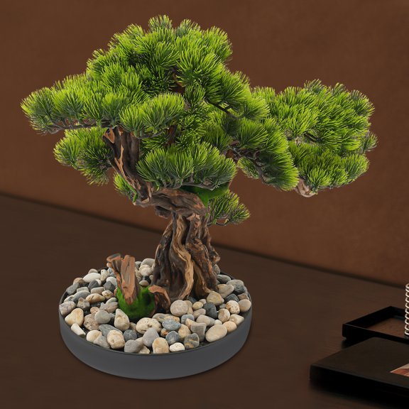Artificial Bonsai Tree, Desktop Fake Pine Plant for Office Decor, Realistic Welcome Pine Bonsai with Pebbles for Living Room Shelf