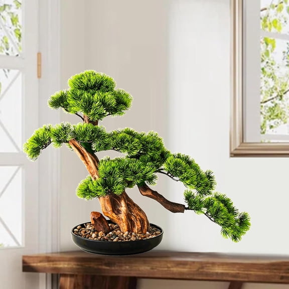 Artificial Bonsai Tree Fake Welcoming Pine Pot Ornaments, Japanese Faux Cedar Potted Plant Desk Display, Simulation Pine Bonsai for Home Decoration