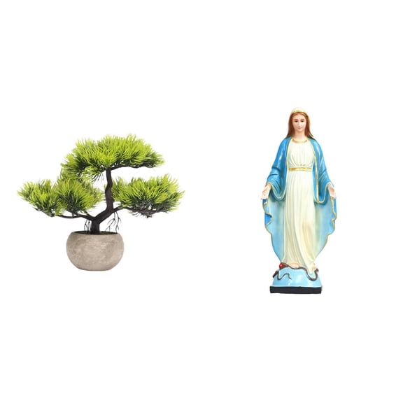 Artificial Bonsai Tree Faux Plant Catholic Statue Resin Ornament Low Maintenance Indoor Desktop Display for Garden Shelf