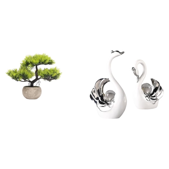 Artificial Bonsai Tree Faux Plant Swan Statue PP Foam Pot Artistic Centerpiece for Desktop Indoor Home Display
