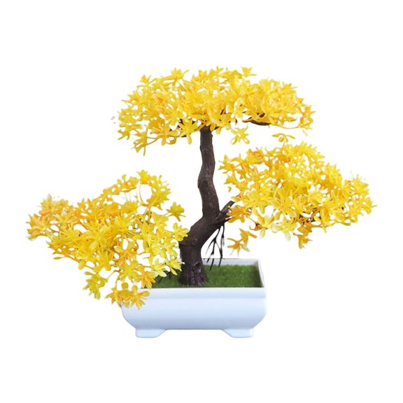 Artificial Bonsai Tree, Plastic Faux Pine Fake Plant, Realistic Foliage Mini Tabletop Greenery, Versatile Accent for Bedroom, Living Room, Office Desk, Bookshelf, Zen Decorations,Yellow