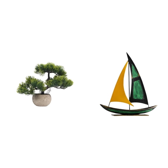Artificial Bonsai Tree Sailboat Figurine Iron Sculpture Realistic Material Suitable for Office Desk Home Display