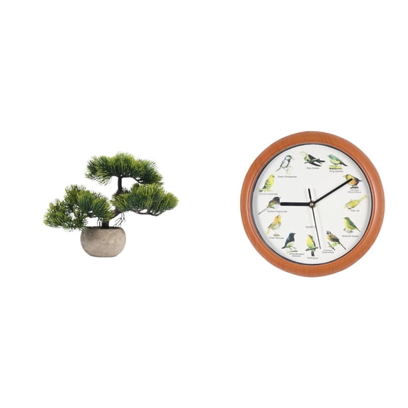 Artificial Bonsai Tree Wall Clock Singing Bird Faux Plant PP Material for Home Living Room Office and Kitchen Decoration