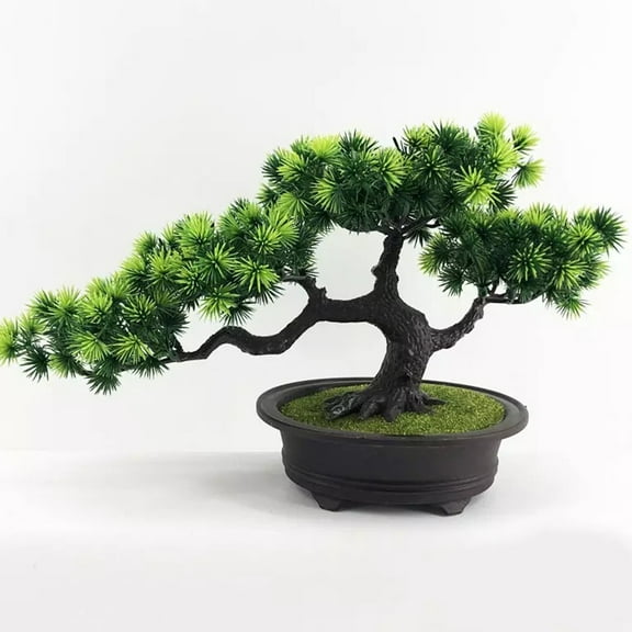 Artificial Bonsai Welcoming Pine Simulation Tree with Resin Leaves and Plastic Pot for Desk and Window Sill Use