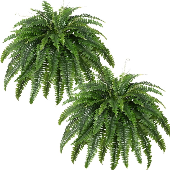 Artificial Boston Fern Bush- Set of 2 Large Artificial Ferns for Outdoors, 45Inch Large Faux Ferns, Suitable for Office & Living Room Decor, 60Branches for Each Bouquet