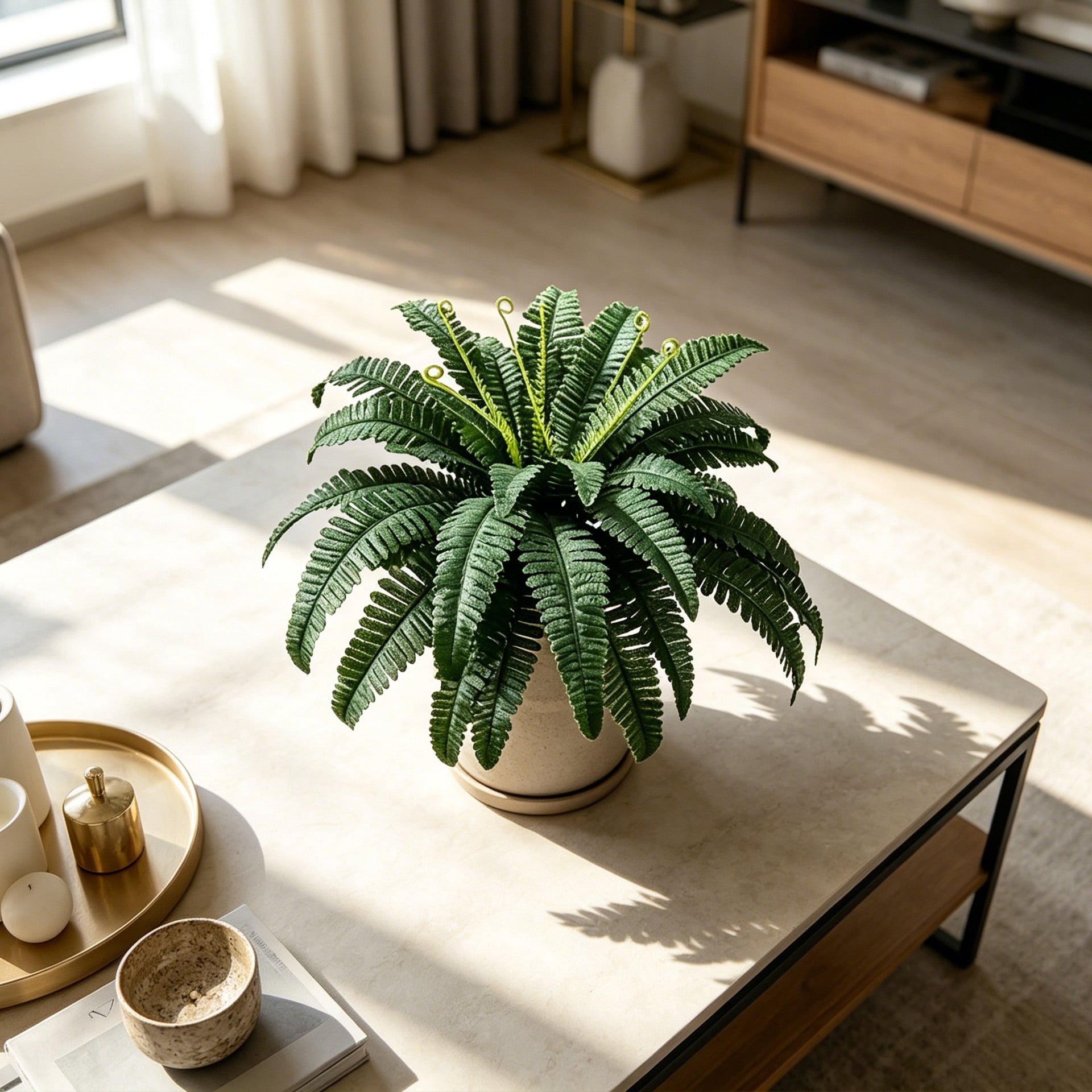 Artificial Boston Fern Plant, 22 Inch Fake Fern with Bendable Fronds, UV Resistant Faux Greenery for Indoor Outdoor Use