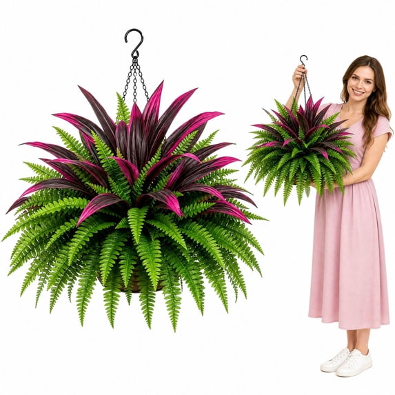 Artificial Boston Fern with Red Dracaena, Mixed Faux Greenery Bush, Realistic Fake Plant for Indoor Outdoor Porch, Patio, Home and Office Decoration