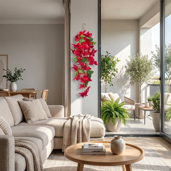 Artificial Bougainvillea Hanging Vine,Faux Silk Flower Wall Decor,Red