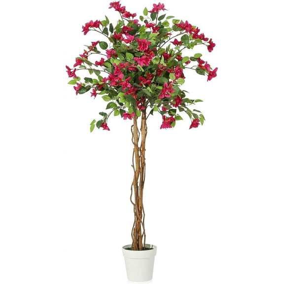 Artificial Bougainvillea Tree, 5FT Fake Flower Tree with White Pot Artificial Indoor Flower Tree with Pink Flowers, Faux Tree for Room Decor