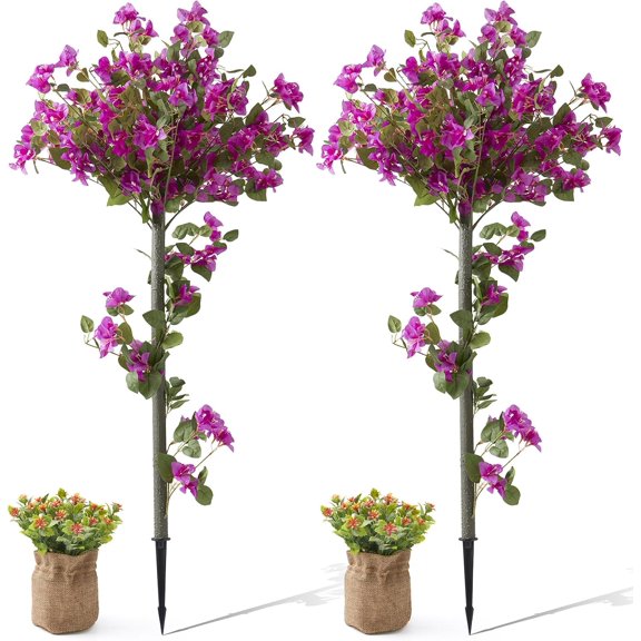 Artificial Bougainvillea Trees, 2 Pack 4FT Fake Bougainvillea Silk Flowers Plant with Ground Spike Tall Faux Plants for Home Office Garden Wedding Indoor Outdoor Decoration (Fuchsia)