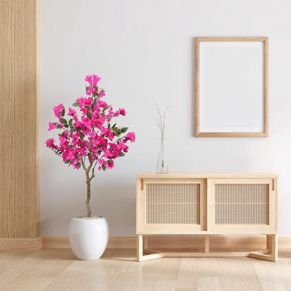 Artificial Bougainvillea Trees 4.3 FT Fake Tree with Pink Silk Flowers and Wood Trunk,Lifelike Faux Bougainvillea Trees Floor Plants with Planter and Moss for Living Room Decor Indoor Outdoor