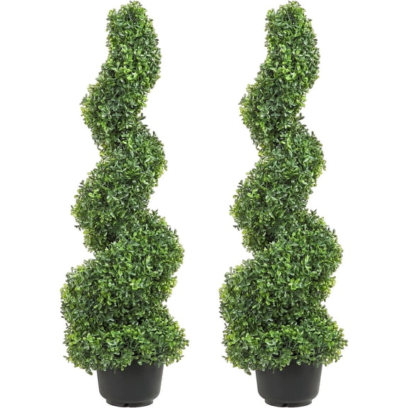 Artificial Boxwood Spiral Topiary Trees, 3ft Tall (2 Pieces) Faux Plant Outdoor, All-Year Green Fake with Replaceable Leaves for Decorative/Indoor/Porch/Garden