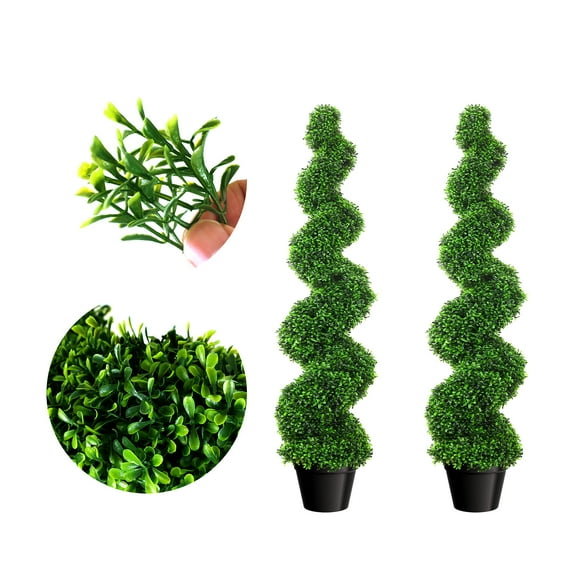 Artificial Boxwood Spiral Topiary Trees, Set of 2, 3 Ft Tall Decorative Greenery, Faux Fake Twisted Trees with PE Leaves, All-Year Green Plants in Cement-Filled Plastic Pot for Yard, Garden, Patio