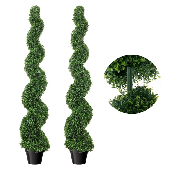 59 Inch Artificial Boxwood Spiral Topiary Trees, Set of 2, Decorative Fake Greenery Plants, Faux Twisted Trees with PE Leaves, All-Year Green in Cement-Filled Plastic Pot for Indoor, Deck, Garden