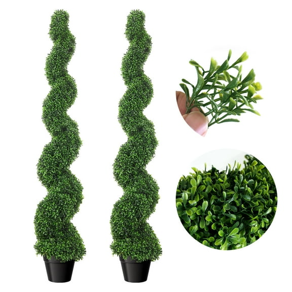 Artificial Boxwood Spiral Topiary Trees, Set of 2, 5 Ft Tall Decorative Greenery, Faux Fake Twisted Trees with PE Leaves, All-Year Green Plants in Cement-Filled Plastic Pot for Yard, Outdoor, Patio