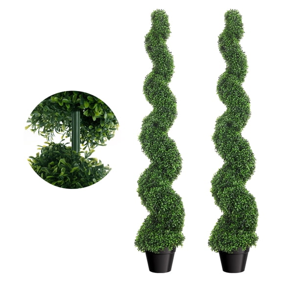 Artificial Boxwood Spiral Topiary Trees, Set of 2, 5 Ft Decorative Faux Plants, Fake Twisted Greenery with PE Leaves, All-Year Green Trees in Cement-Filled Plastic Pot for Balcony, Outdoor, Bedroom