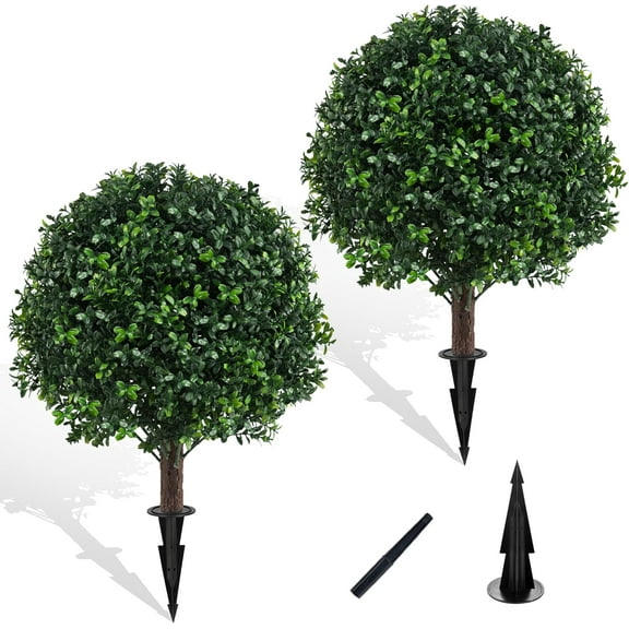 Artificial Boxwood Topiary Ball Bush for Outdoor with Spike, Set of 2 UV Resistant Faux Boxwood Ball Tree with Stake, Weatherproof Fake Round Topiary Shrub Plant for Front Porch Planter