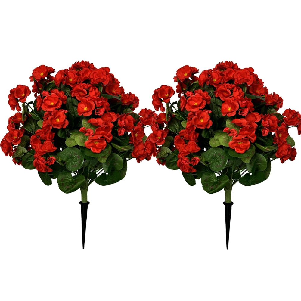 Artificial Boxwood Topiary Ball with Geraniums Flowers with Spikes for Outdoor, UV Resistant Faux Greenery Shrubs, Realistic Fake Bushes Plants for Garden, Yard, Front Porch, Patio Decor