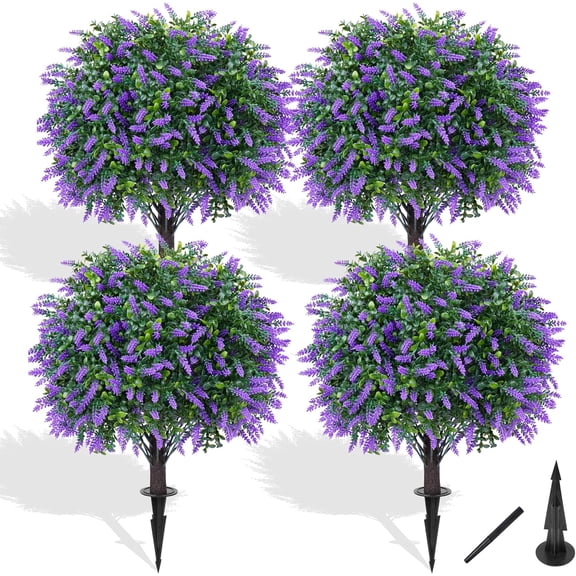 Artificial Boxwood Topiary Ball with Lavender, Set of 4 Artificial Shrub Bushes with Ground Spike, UV Resistant Fake Evergreen Plant Tree for Porch Outdoor Planters Indoor Valentine's Day