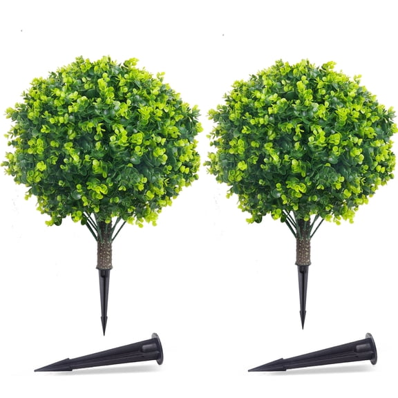 THE BRIVE Artificial Boxwood Topiary Ball Trees 21.6" Set of 2 (green)- Lifelike Outdoor Faux Cedar Bushes with Ground Spike, Decor for Front Porch, Spring Garden, Indoor